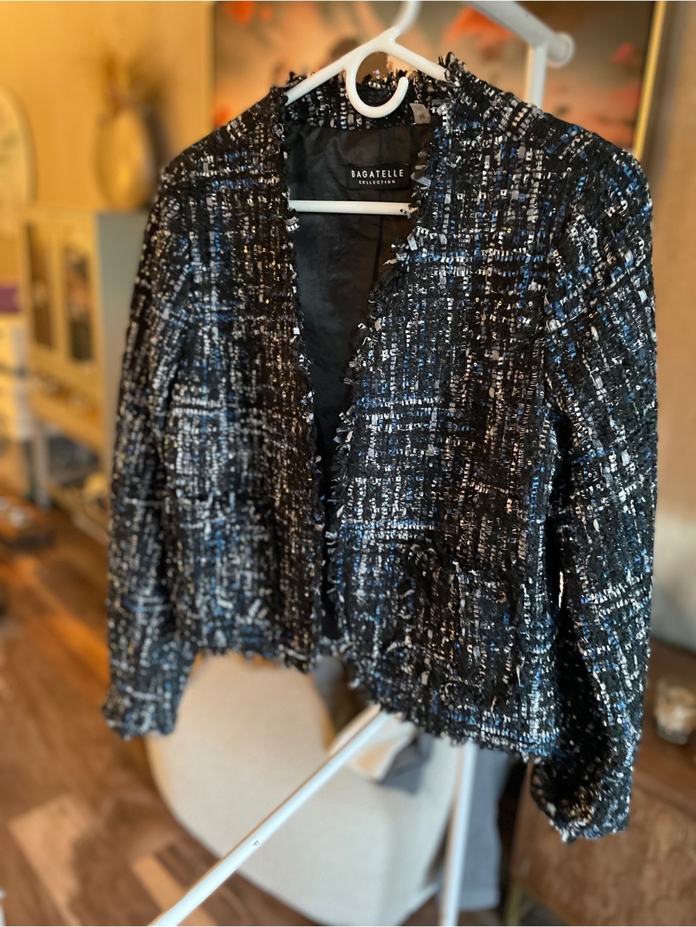 Bagatelle Collection Black & Blue Metallic Frayed Tweed Open Front Blazer Jacket